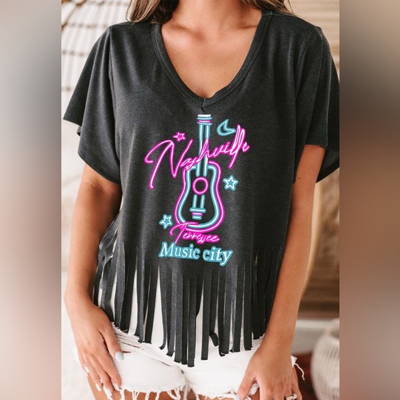 Trendi Lady Tops - Black Fringe Nashville Music City Tee
